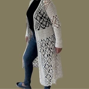 Cream Crochet Long Cardigan